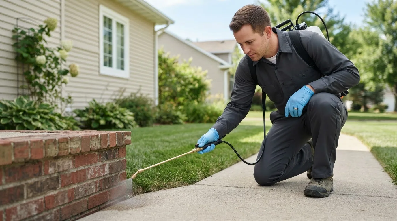 Pest control technician treating a home near East Calais, VT